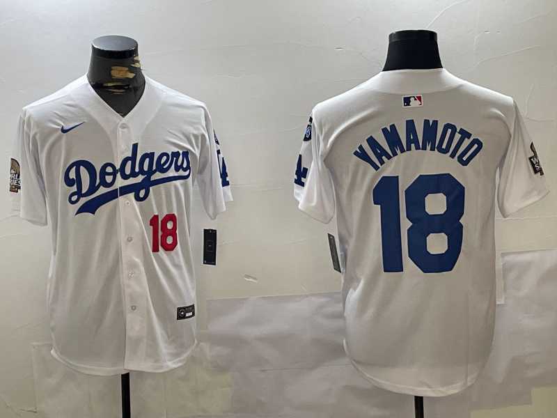 Men%27s Los Angeles Dodgers #18 Yoshinobu Yamamoto White 2024 World Series With Fernando Memorial Patch Home Limited Stitched Jerseys->los angeles dodgers->MLB Jersey